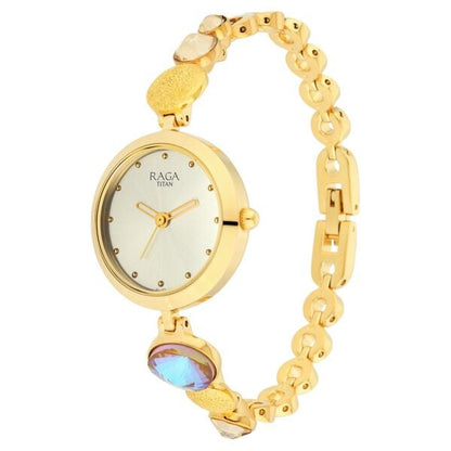 Titan Raga Moments Of Joy Quartz Analog Mother of Pearl Dial Golden Metal Strap Watch For Women