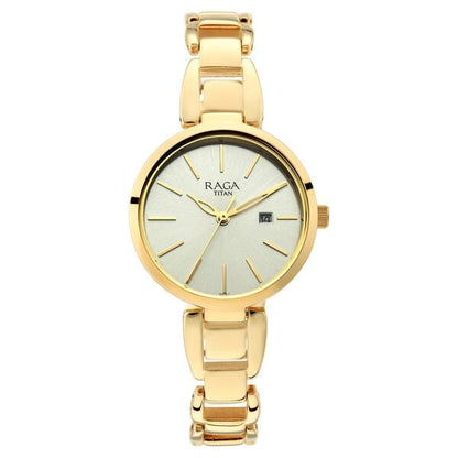 Titan Raga Viva Golden Dial Analog with Date Metal Strap Watch for Women