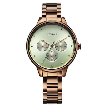 Titan Razzle Dazzle Quartz Analog with Day and Date Green Dial Brown Stainless Steel Strap Watch For Women