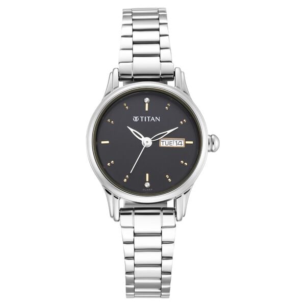 Titan Lagan Black Dial Analog with Day and Date Metal Strap Watch for Women - 25 mm Case Size - Small Dial