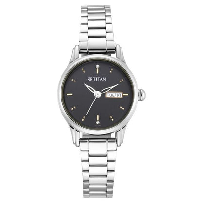 Titan Lagan Black Dial Analog with Day and Date Metal Strap Watch for Women - 25 mm Case Size - Small Dial