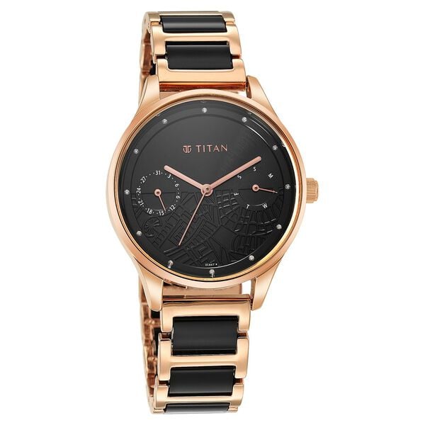 Titan Purple Acetate Black Dial Analog with Day and Date Metal and Acetate Strap Watch for Women