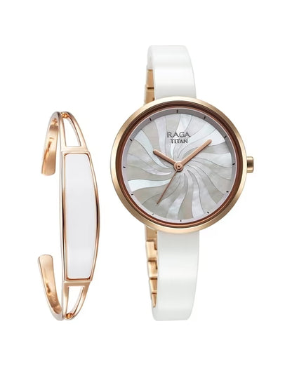 Titan Raga Memoirs Quartz Analog Mother Of Pearl Dial With White Ceramic Strap Watch For Women