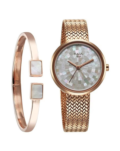 Titan Raga Memoirs Quartz Analog Mother Of Pearl Round Dial Rose Gold Metal Strap Watch For Women