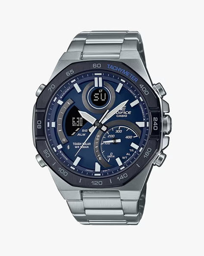 Men EX555 EDifice ECB-950DB-2ADF Blue Ana-Digi Dial Silver Stainless Steel Band Watch | FreeSize