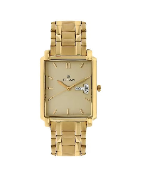 Titan Quartz Analog with Day and Date Champagne Dial Stainless Steel Strap watch for Men