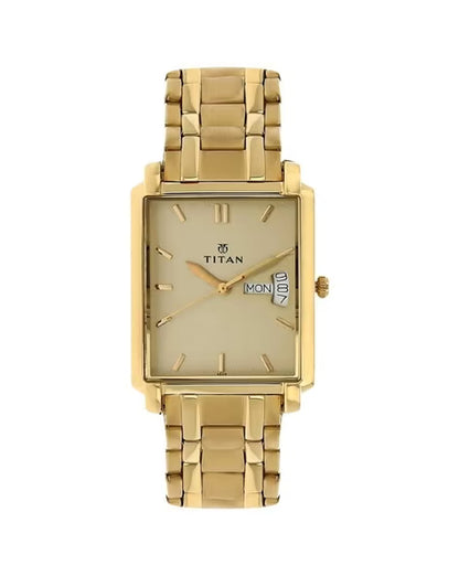 Titan Quartz Analog with Day and Date Champagne Dial Stainless Steel Strap watch for Men