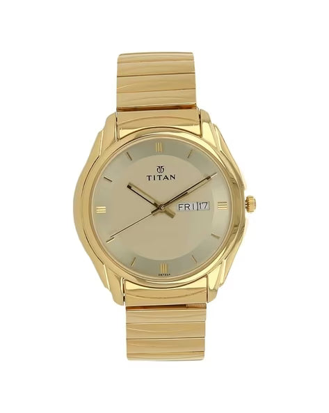 Titan Quartz Analog with Day and Date Champagne Dial Golden Stainless Steel Strap Watch For Men