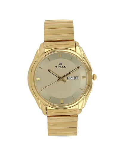 Titan Quartz Analog with Day and Date Champagne Dial Golden Stainless Steel Strap Watch For Men