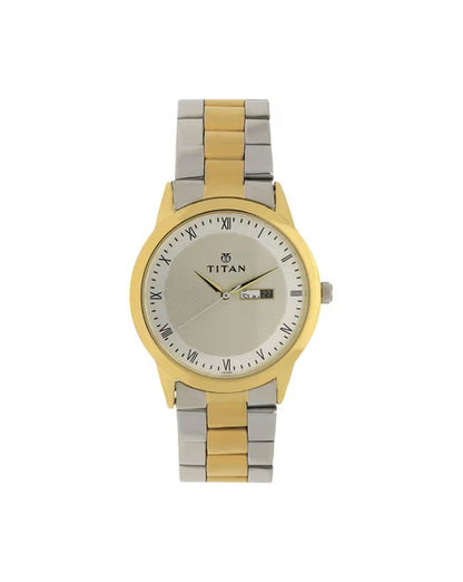 Titan Quartz Analog with Day and Date Champagne Dial Two Toned Stainless Steel Strap Watch For Men