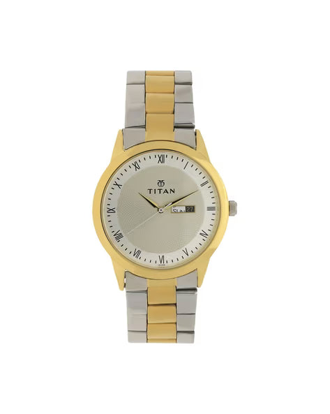 Titan Quartz Analog with Day and Date Champagne Dial Two Toned Stainless Steel Strap Watch For Men