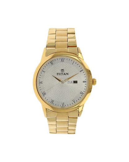 Titan Quartz Analog with Day and Date Silver Round Dial Golden Stainless Steel Strap Watch For Men