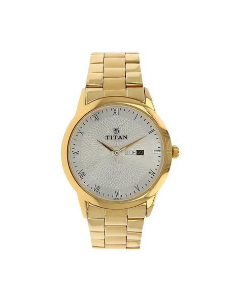 Titan Quartz Analog with Day and Date Silver Round Dial Golden Stainless Steel Strap Watch For Men
