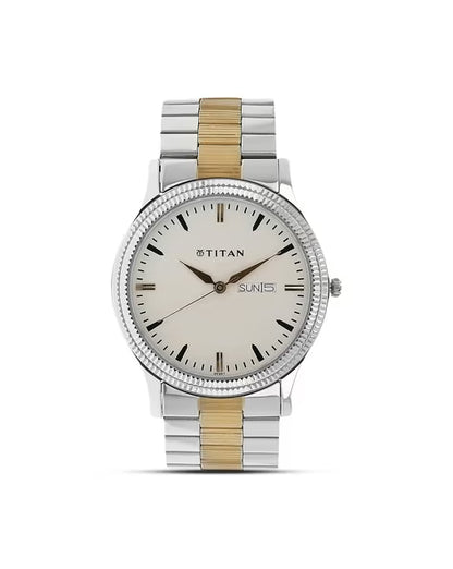 Titan Metal White Dial Analog with Day and Date Stainless Steel Strap Watch for Men