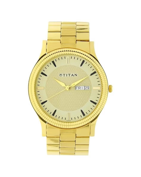 Titan Quartz Analog with Day and Date Golden Dial Stainless Steel Strap Watch for Men