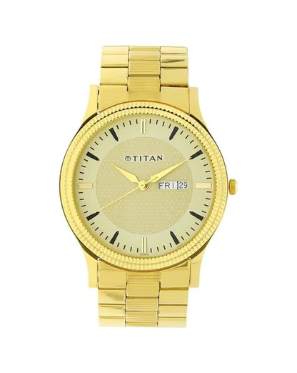 Titan Quartz Analog with Day and Date Golden Dial Stainless Steel Strap Watch for Men