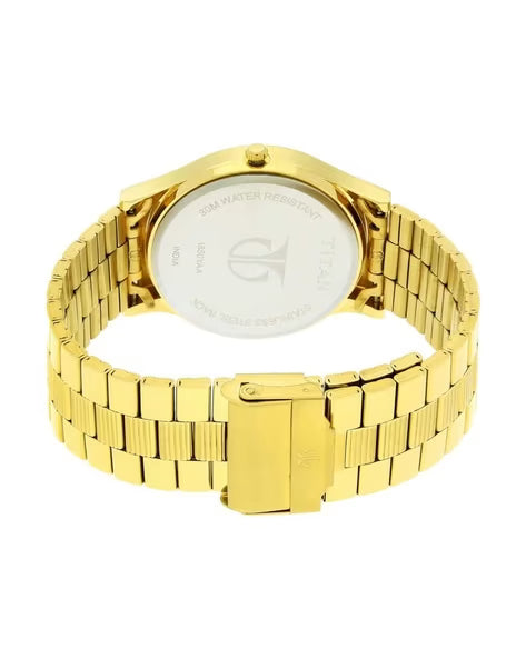Titan Quartz Analog with Day and Date Golden Dial Stainless Steel Strap Watch for Men