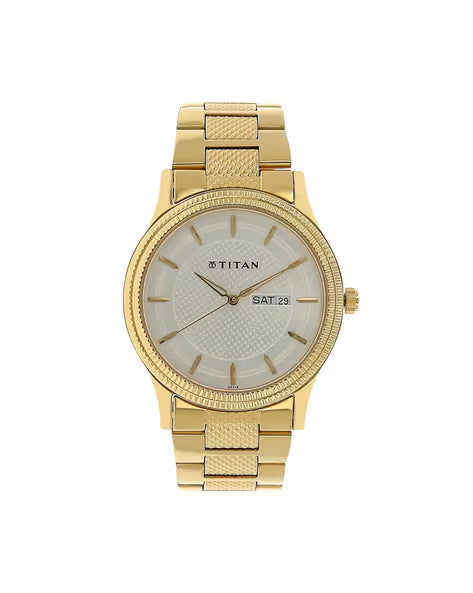 Titan Quartz Analog with Day and Date Silver Dial Golden Stainless Steel Strap Watch For Men