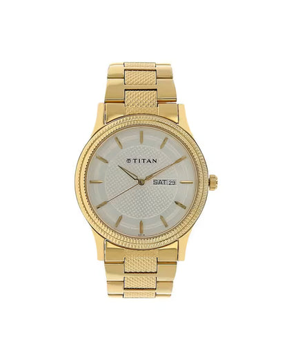 Titan Quartz Analog with Day and Date Silver Dial Golden Stainless Steel Strap Watch For Men