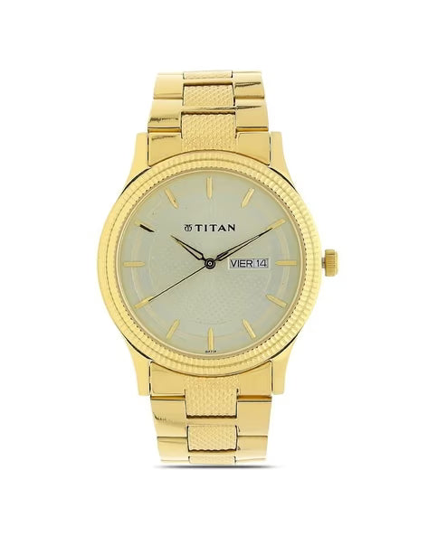 Titan Analog with Day and Date Quartz Champagne Dial Metal Round Stainless Steel Strap watch for Men