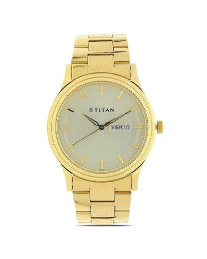 Titan Analog with Day and Date Quartz Champagne Dial Metal Round Stainless Steel Strap watch for Men
