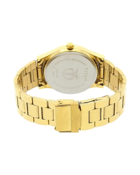 Titan Analog with Day and Date Quartz Champagne Dial Metal Round Stainless Steel Strap watch for Men