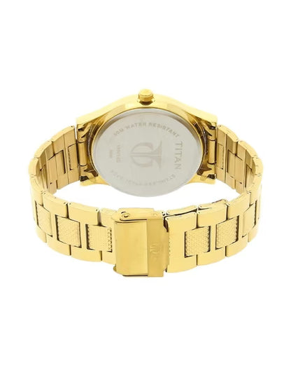 Titan Analog with Day and Date Quartz Champagne Dial Metal Round Stainless Steel Strap watch for Men