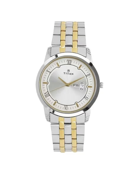 Titan Metal Silver Analog with Day and Date Stainless Steel Strap Watch for Men