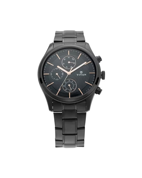Titan Workwear Multifunction Black Round Dial Black Metal Strap Watch For Men