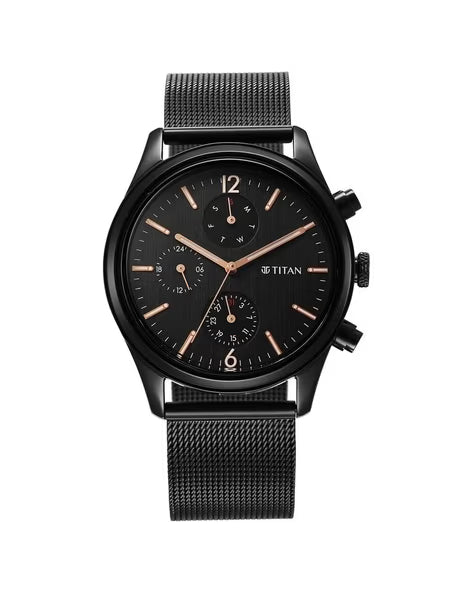 Titan Neo Black & Gold Quartz Analog with Day and Date Black Dial Stainless Steel Strap Watch for Men