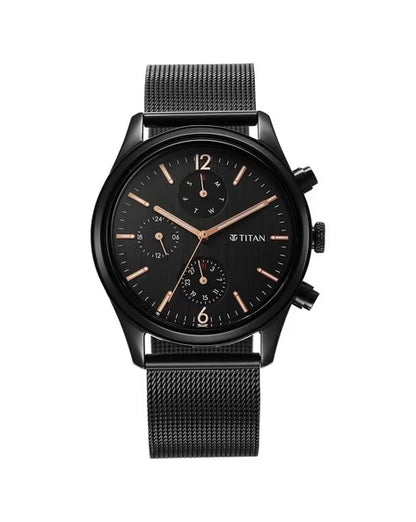 Titan Neo Black & Gold Quartz Analog with Day and Date Black Dial Stainless Steel Strap Watch for Men