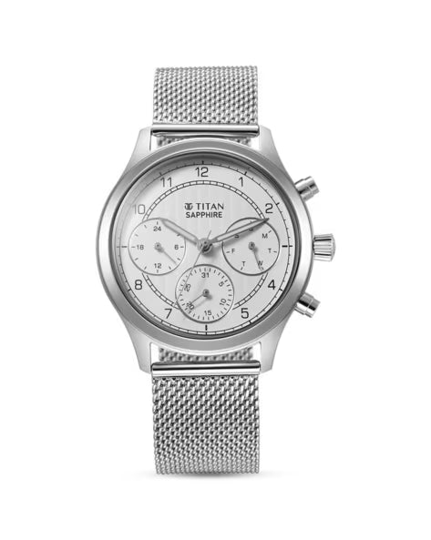 Titan Sapphire Quartz Multifunction White Dial Stainless Steel Strap Watch for Men
