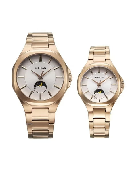 Titan Bandhan Quartz Analog With Sun - Moon Silver Dial Rose Gold Stainless Steel Strap Watch For Couple