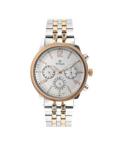 Titan Men's Metropolitan Luxe: Multifunction White Dial with Two-Tone Stainless Steel Bracelet Watch