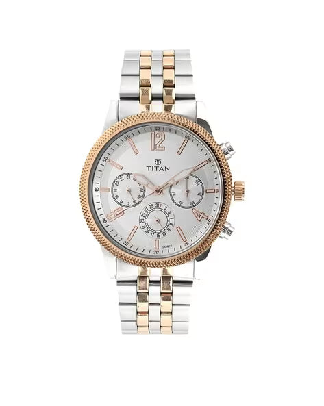 Titan Men's Metropolitan Luxe: Multifunction White Dial with Two-Tone Stainless Steel Bracelet Watch