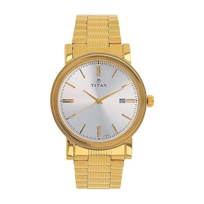 Titan Quartz Analog with Date Silver Dial Golden Stainless Steel Strap Watch For Men