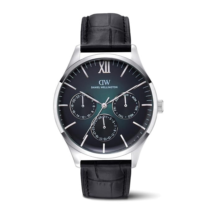 Men Quartz Teal Dial Multi-function Leather Watch DW0DG2400