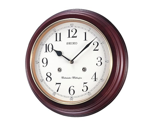 Seiko Classic Round Analog Brown Wooden English Numbers Home Decor Wall Clock