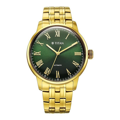 Titan Aurelian Concealed Automatic Analog with Green Dial Roman Numerals Yellow Gold Stainless Steel Strap Watch for Men