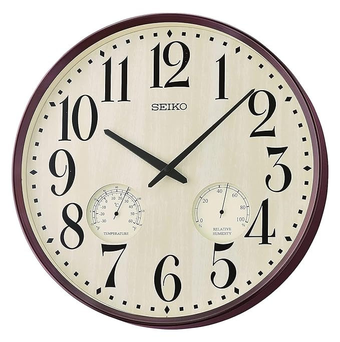 SEIKO Elegant Round Brown Plastic Analog Home Decor English Numbers Wall Clock with Thermometer & Hygrometer
