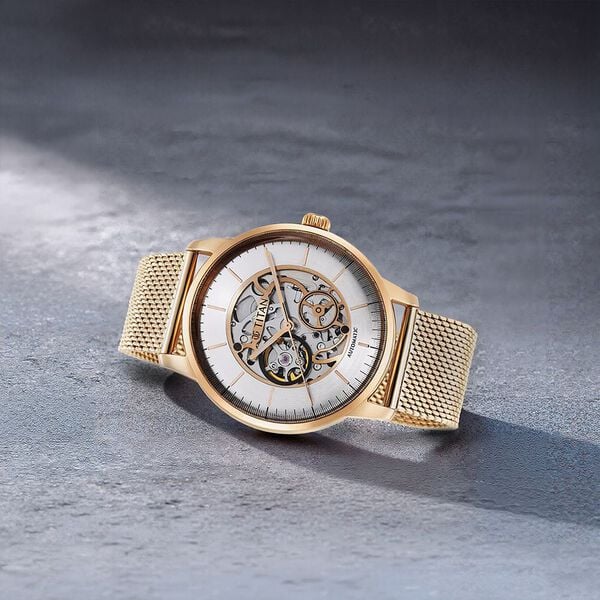Titan Skeletal Automatic Gold Dial Gold Stainless Steel Strap Watch for Men