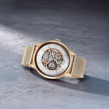 Titan Skeletal Automatic Gold Dial Gold Stainless Steel Strap Watch for Men