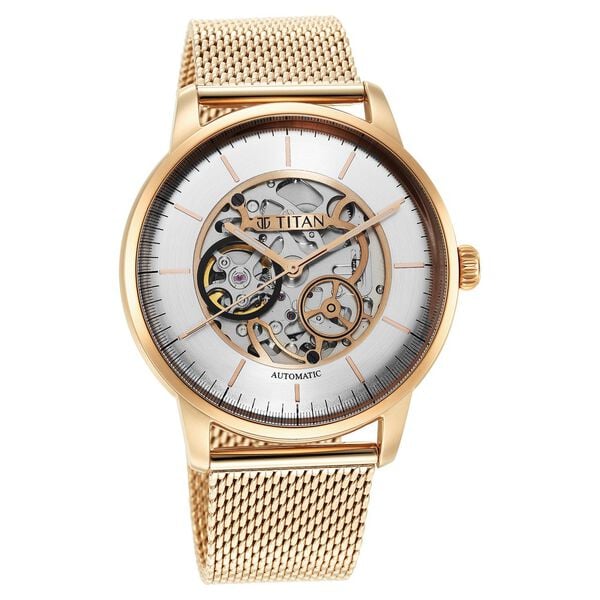 Titan Skeletal Automatic Gold Dial Gold Stainless Steel Strap Watch for Men