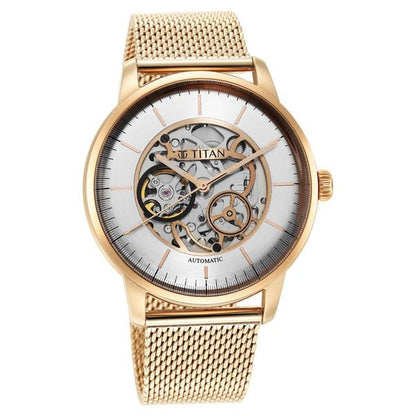 Titan Skeletal Automatic Gold Dial Gold Stainless Steel Strap Watch for Men
