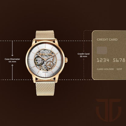Titan Skeletal Automatic Gold Dial Gold Stainless Steel Strap Watch for Men