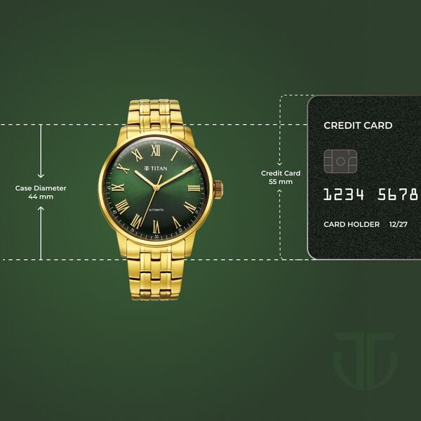 Titan Aurelian Concealed Automatic Analog with Green Dial Roman Numerals Yellow Gold Stainless Steel Strap Watch for Men