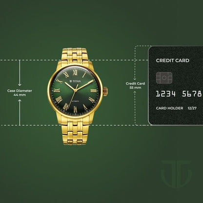 Titan Aurelian Concealed Automatic Analog with Green Dial Roman Numerals Yellow Gold Stainless Steel Strap Watch for Men