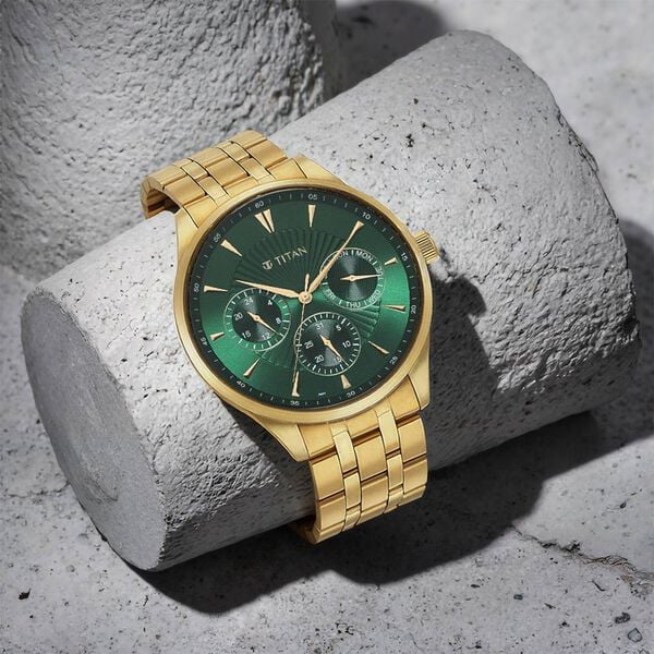 Titan Opulent Green Dial Quartz Multifunction Stainless Steel Strap watch for Men