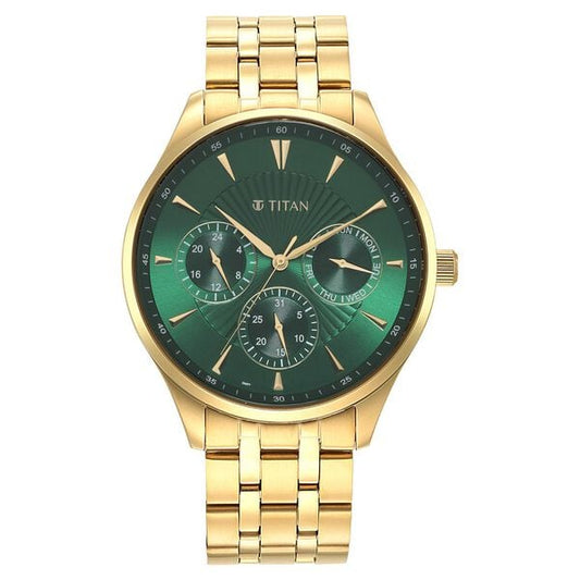 Titan Opulent Green Dial Quartz Multifunction Stainless Steel Strap watch for Men