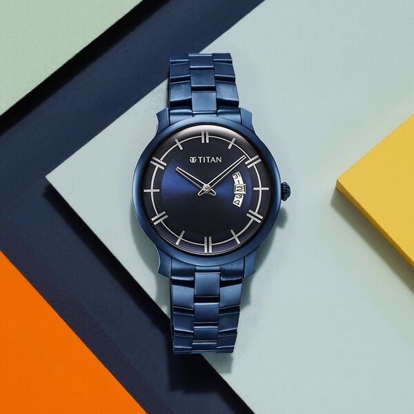 Titan Classic Distincta Blue Dial Analog with Date Stainless Steel Strap watch for Men